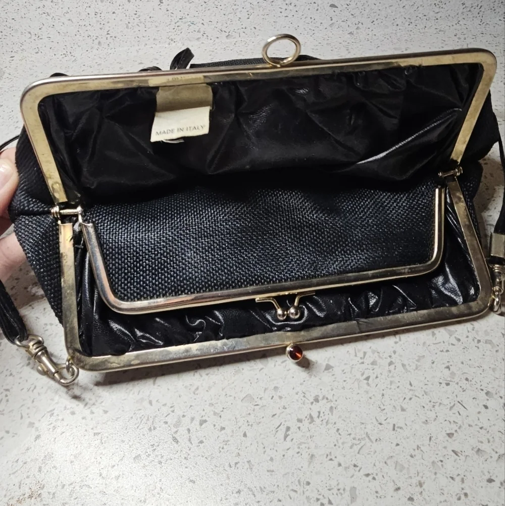 Vintage Italian Structured Frame Purse – Black Woven Fabric & Silvertone Hardwar